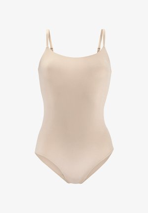 Beige badpak met dunne verstelbare banden, een gladde textuur, een ronde halslijn en een hoge uitsnijding aan de benen.