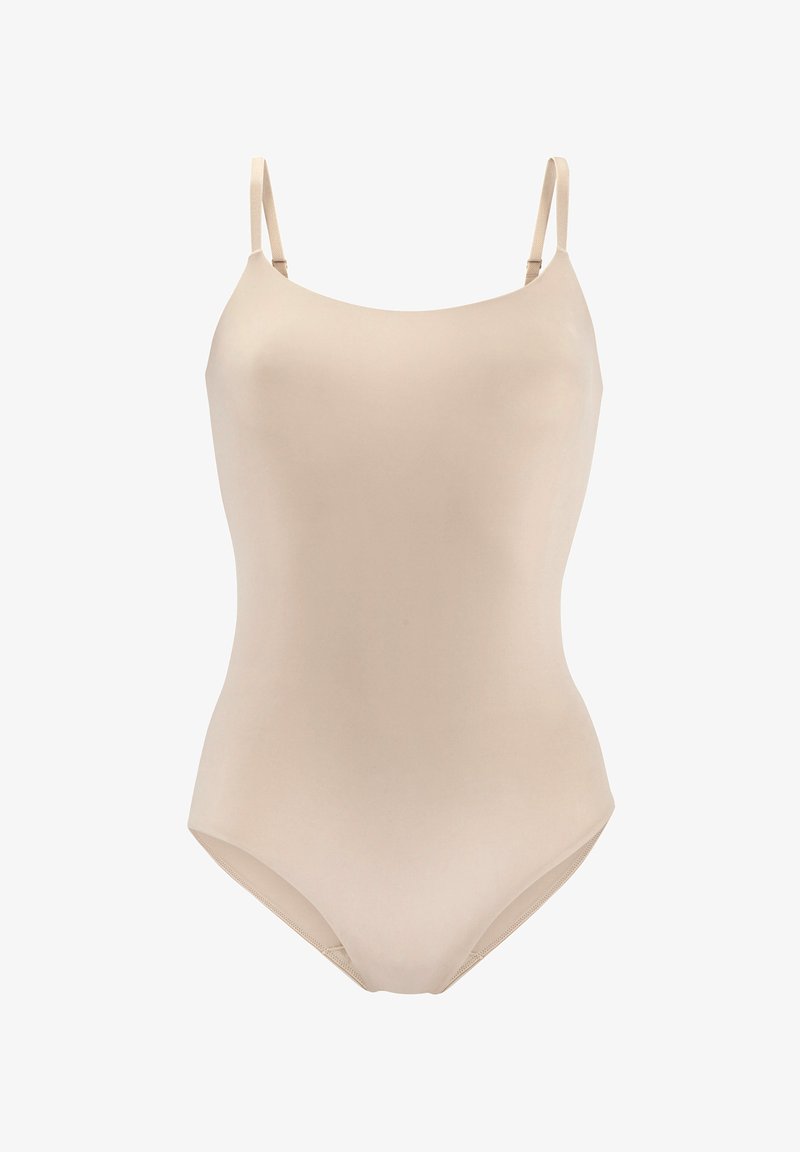 Beige badpak met dunne verstelbare banden, een gladde textuur, een ronde halslijn en een hoge uitsnijding aan de benen.