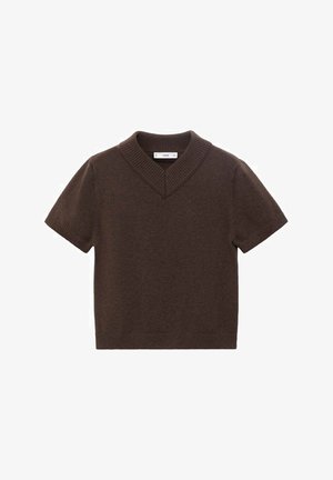 Bruine korte mouw gebreide top met een geribde V-hals en een zachte textuur, met een relaxte fit en zonder zichtbare patronen of accenten.