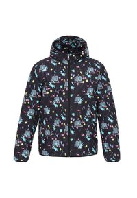 Jachetă căptușită de culoare neagră cu un pattern abstract colorat, având grafice și stropi vibranți, completată cu glugă și fermoar frontal.