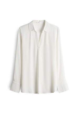 Camicia bianca a maniche lunghe con scollo a V e collo, caratterizzata da ampi polsini e una vestibilità morbida, esposta su uno sfondo bianco.