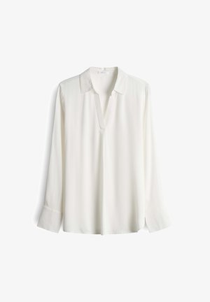 Witte blouse met lange mouwen, V-hals en kraag, met brede manchetten en een losse pasvorm, weergegeven op een witte achtergrond.