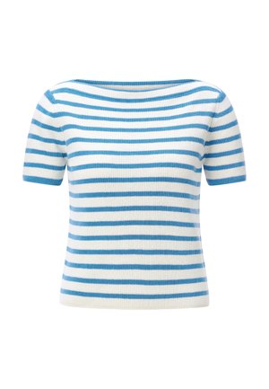 Top in maglia a maniche corte con righe orizzontali bianche e blu e scollo a barca.