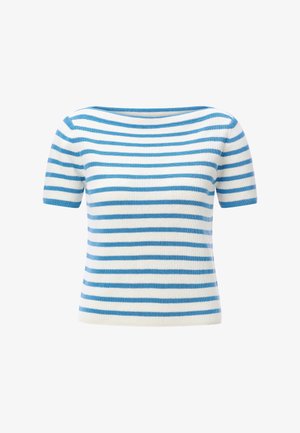 Top in maglia a maniche corte con righe orizzontali bianche e blu e scollo a barca.