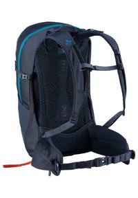 Zaino con esterno blu navy, pannello posteriore in rete, spallacci regolabili e zip arancione brillante. Presenta un design ergonomico per supportare.