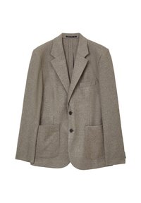 Blazer marrone con texture, dotato di revers a punta, due tasche frontali, una tasca sul petto e chiusura a due bottoni.