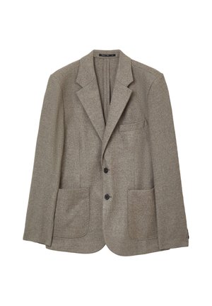 Brauner, strukturierten Blazer mit schmalem Revers, zwei vorderen Taschen, einer Brusttasche und einem Zwei-Knopf-Verschluss.