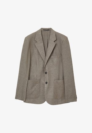 Brauner, strukturierten Blazer mit schmalem Revers, zwei vorderen Taschen, einer Brusttasche und einem Zwei-Knopf-Verschluss.