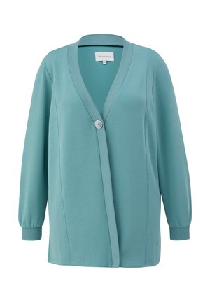 Hellblauer Cardigan aus weichem Stoff, mit V-Ausschnitt, langen Ärmeln, einem einzigen Knopfverschluss und einem lockeren Schnitt.