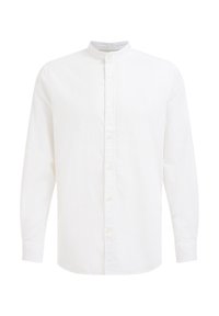 Vit långärmad skjorta med mandarin-krage, knappstängning fram och knäppta ärmslut, visad mot en enfärgad vit bakgrund.
