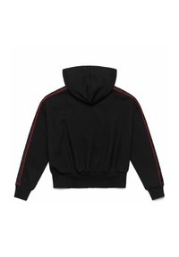 Felpa nera con cappuccio, orlo a coste, strisce laterali rosse e tessuto strutturato. Cappuccio regolabile con vestibilità classica.