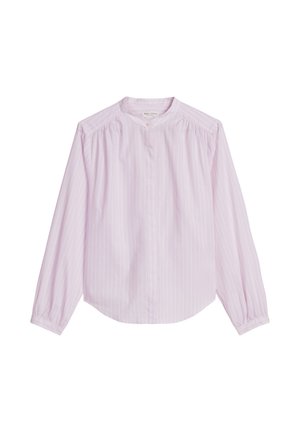 Hellviolette Langarmbluse mit dezenten vertikalen Streifen, Stehkragen, Einzelknopfverschluss und lockerer Passform.