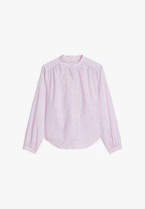 Lichtpaarse blouse met lange mouwen, subtiele verticale strepen, mandarin kraag, enkele knoopsluiting en een losse pasvorm.
