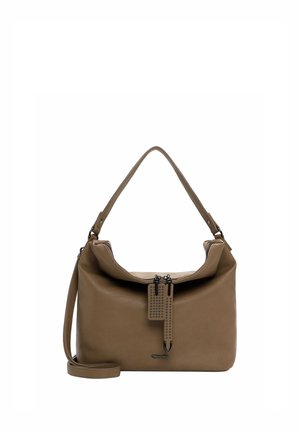 Pruun nahast käekott kahekordsete tõmblukkudega, dekoratiivsete naeltega, ühe õlarihmaga ja eemaldatava risti kannet võimaldava rihmaga.