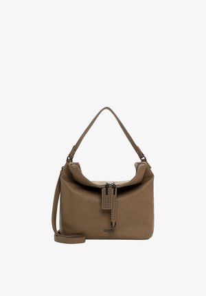 Brūna ādas rokassomiņa ar divkāršām rāvējslēdzēja aizdares, dekoratīvām kniedēm, vienu plecu siksnu un noņemamu krustveida siksnu.