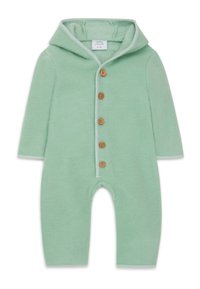 Groene fleece onesie met een capuchon, voorzien van houten knopen aan de voorkant, lange mouwen en zachte, gestructureerde stof.