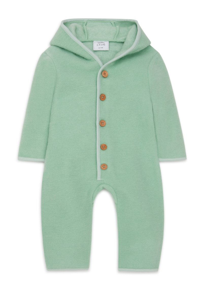 Groene fleece onesie met een capuchon, voorzien van houten knopen aan de voorkant, lange mouwen en zachte, gestructureerde stof.