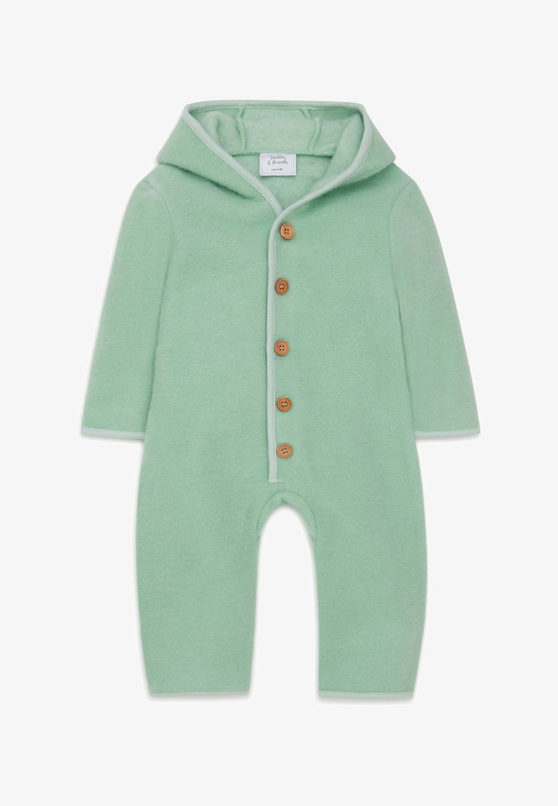 Groene fleece onesie met een capuchon, voorzien van houten knopen aan de voorkant, lange mouwen en zachte, gestructureerde stof.