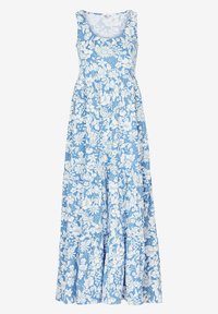 Sininen kukkakuosis maxi-mekko, jossa on valkoisia kukkakuvioita. Olkaimeton malli, pyöreä kaula-aukko ja kerätty vyötärö, joka johtaa levenevään helmaan.