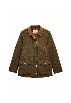 Braun kariertes Jackett mit beigem Wildlederkragen, goldenen Knöpfen und aufgesetzten Taschen. Hat eine strukturierte Silhouette und ein strukturiertes Stoffdesign.