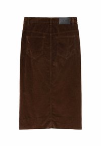 Smeđa kordna suknja ravnog kroja, s pojasom, dva stražnja džepa i kožnom etiketom straga.