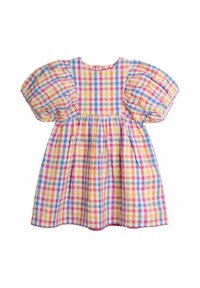 Šarena gingham haljina s ružičastim, žutim, plavim i bijelim karama. Balon rukavi i skupljena struka s detaljem na rubu u obliku valova.