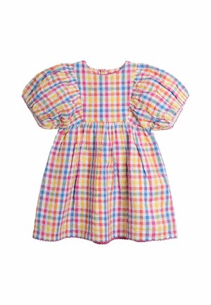 Krāsains gingham kleita ar rozā, dzeltenām, zilu un baltu rūtiņu rakstu. Puff piedurknes un savilkta krūšu daļa ar viļņotu apakšmalu.