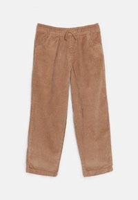 Pantalon en velours côtelé de couleur beige clair, avec une taille élastique, un cordon de serrage et deux poches avant. La texture est côtelée.