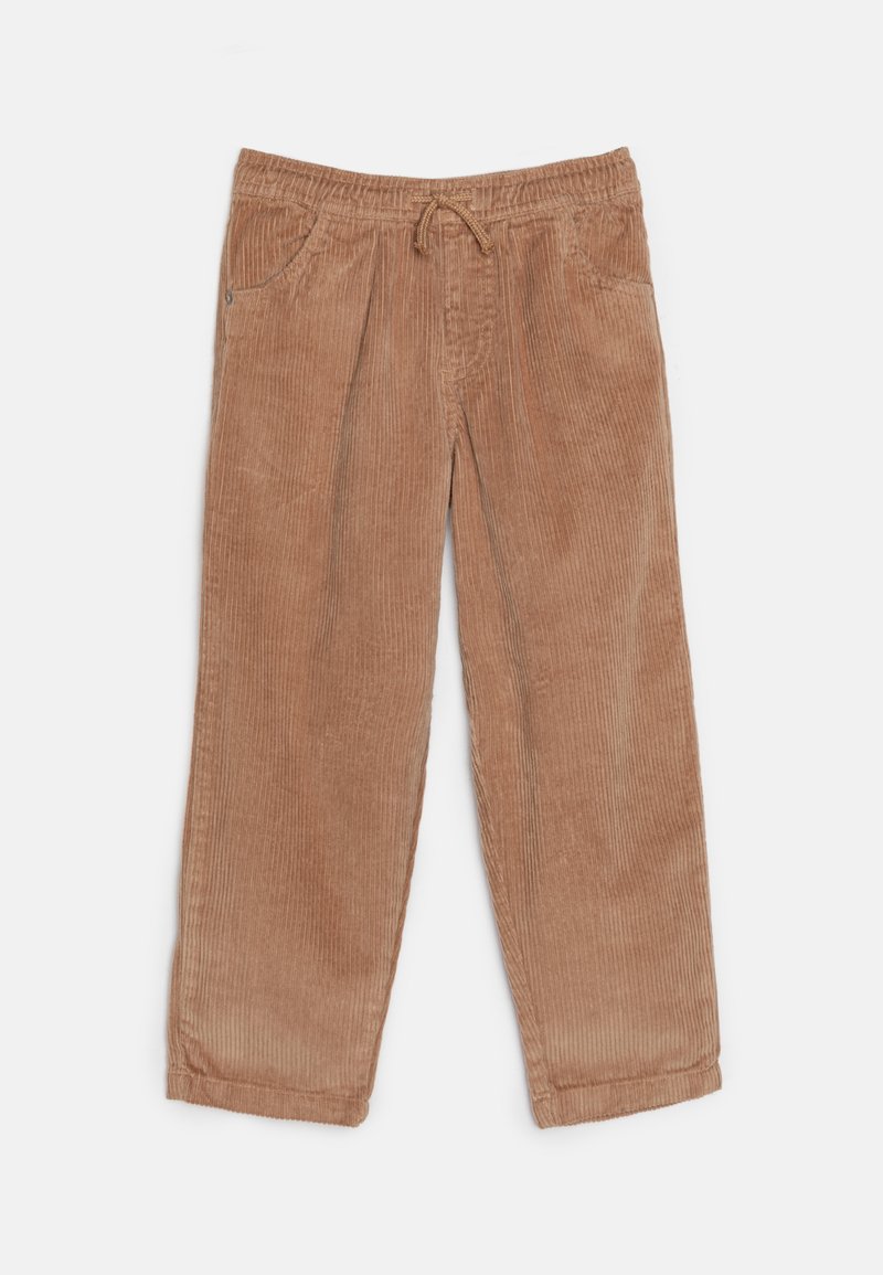 Pantalon en velours côtelé de couleur beige clair, avec une taille élastique, un cordon de serrage et deux poches avant. La texture est côtelée.