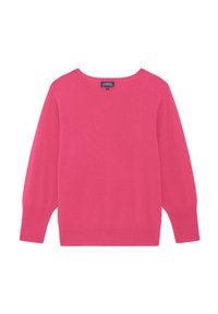 Pullover rosa realizzato in tessuto morbido, con collo a giro, maniche lunghe e polsini e orlo a costine. Design semplice e uniforme senza motivi.