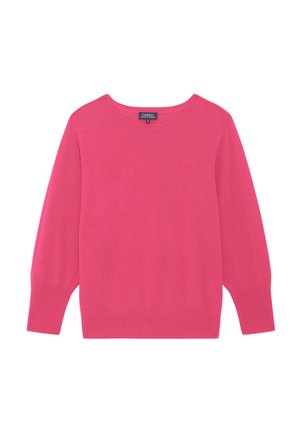 Roze sweater van zacht materiaal, met een ronde hals, lange mouwen en geribbelde manchetten en zoom. Eenvoudig, effen ontwerp zonder patronen.