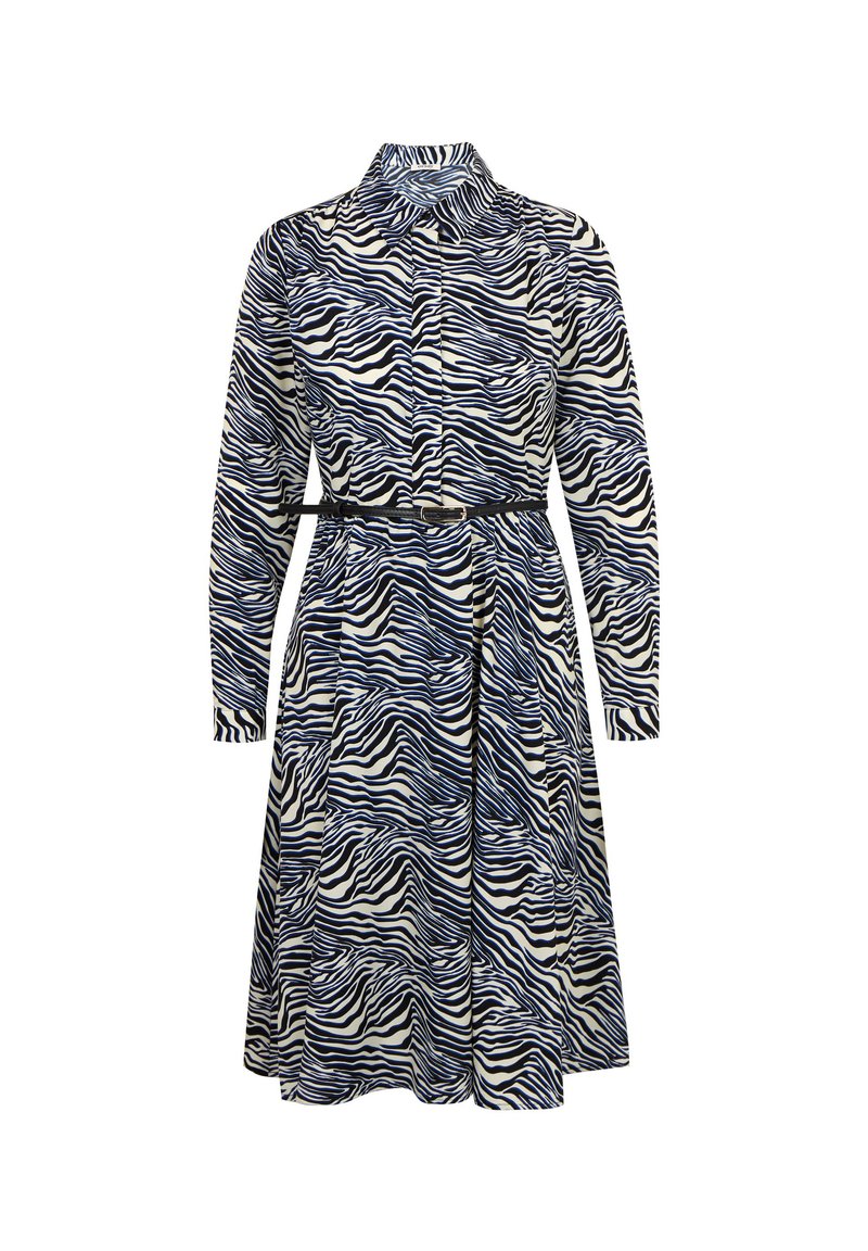 Knoopjurk met lange mouwen, voorzien van een blauw-wit zebra-strip patroon. Inclusief een ceintuur in de taille en een vloeiende rok.