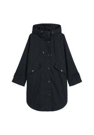 Dark navy raincoat with a hood, button closure, two front pockets, and elbow-length sleeves. Made of lightweight, water-resistant material.