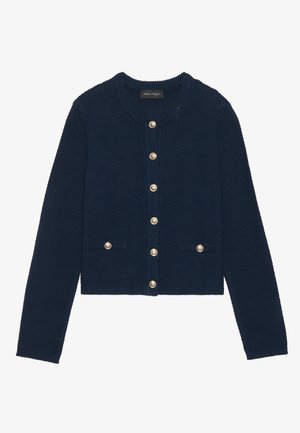 Marineblau gestrickte Strickjacke mit Rundhalsausschnitt, strukturiertem Stoff, vorderer Knopfleiste und zwei dekorativen Taschen mit goldenen Knöpfen.