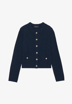 Navy blue knitted cardigan with a round neck, textured fabric, front button closure, and two decorative pockets with gold buttons.