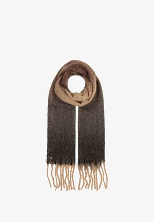 Écharpe en tricot longue avec des nuances dégradées allant du marron clair au marron foncé, ornée de franges aux deux extrémités.