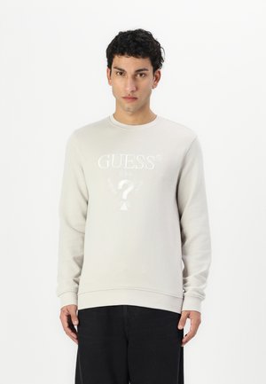 Sudadera gris clara de material suave, con cuello redondo y mangas largas. Logo bordado y elementos de diseño en la parte delantera.