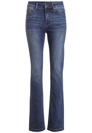 Dunkelblaue Schlagjeans aus Denim mit einer dezenten, ausgeblichenen Textur, ausgestattet mit einem Standard-Knopfverschluss und einem Fünf-Taschen-Design.