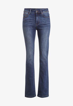 Vaqueros de tiro acampanado en azul oscuro, confeccionados en denim con una sutil textura deslavada, que presentan un cierre de botón estándar y un diseño de cinco bolsillos.