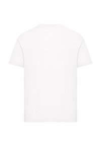 Weißes Baumwoll-T-Shirt mit kurzen Ärmeln, klassischem Rundhalsausschnitt, glatter Textur und ohne sichtbare Muster oder Grafiken auf der Rückseite.