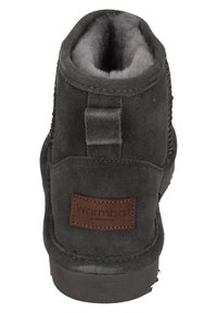 Szare zamszowe botki za kostkę z wełnianą podszewką, z tylną pętelką do wkładania i brązową skórzaną metką z embossingiem "Warmbat Australia". Płaska gumowa podeszwa.