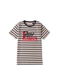 Camiseta a rayas en crema y azul marino con cuello redondo. Presenta el texto "Roy Rogers" en letras negritas rojas y negras en la parte frontal.