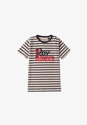 Gestreiftes T-Shirt in Creme und Marineblau mit rundem Halsausschnitt. Mit dem Text "Roy Rogers" in fetter roter und schwarzer Schrift auf der Vorderseite.