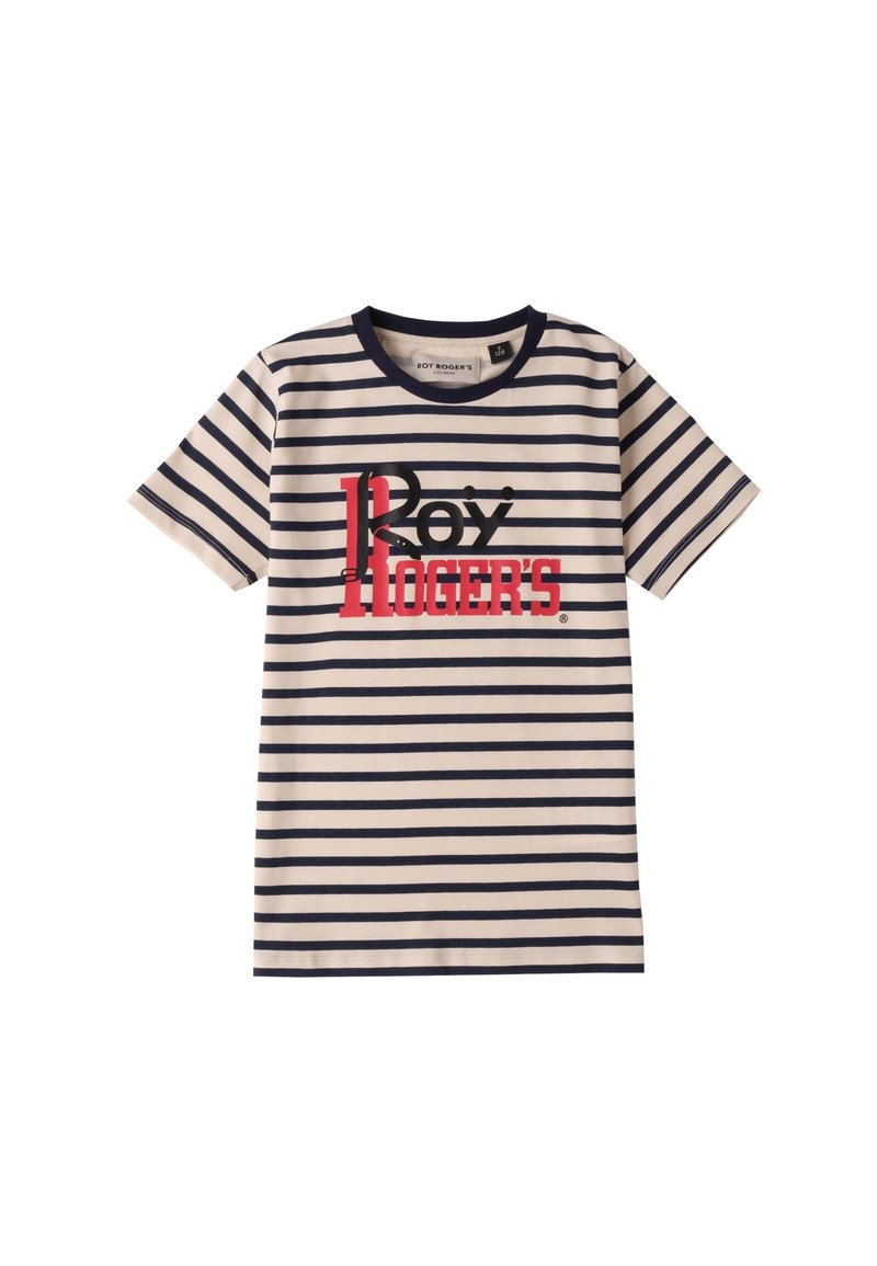 Camiseta a rayas en crema y azul marino con cuello redondo. Presenta el texto "Roy Rogers" en letras negritas rojas y negras en la parte frontal.