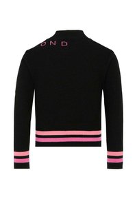 Maglione nero con maniche lunghe, righe rosa e nere all'orlo e ai polsini, con la scritta "BOND" in rosa sul retro.