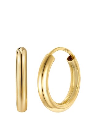 Pair of smooth, polished gold hoop earrings shown from side and front angles, highlighting their rounded, tubular design.