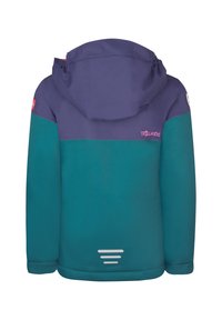 Kinderjacke mit einer lila Kapuze und Oberteil, sowie einem türkisfarbenen Unterteil. Sie verfügt über reflektierende Akzente auf dem Rücken.