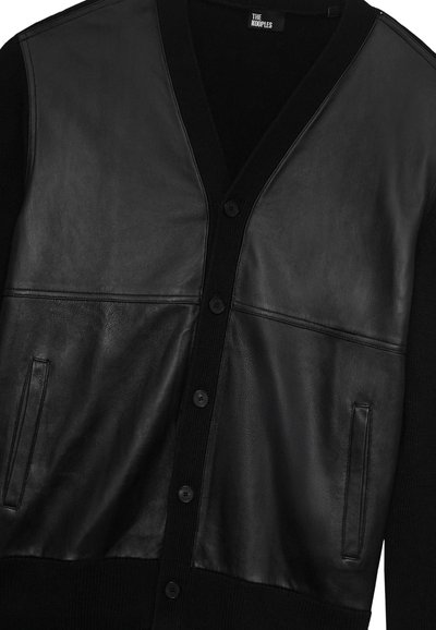 Sort button-up cardigan med læderforreste paneler og sidelommer fra The Kooples.