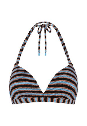 Blauw, zwart en bruin gestreept gebreid bikinibovenstuk met halternek en driehoekige cups op een witte achtergrond.