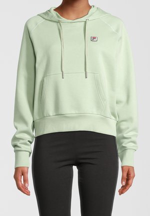 Muntgroene hoodie met een trekkoordcapuchon, geribbelde zoom en zijnaad; heeft een logopatch op de borst en een voorzak.